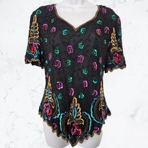 Vintage 80s Silk Black, Teal, Purple & Gold Floral Beaded Sequin Blouse